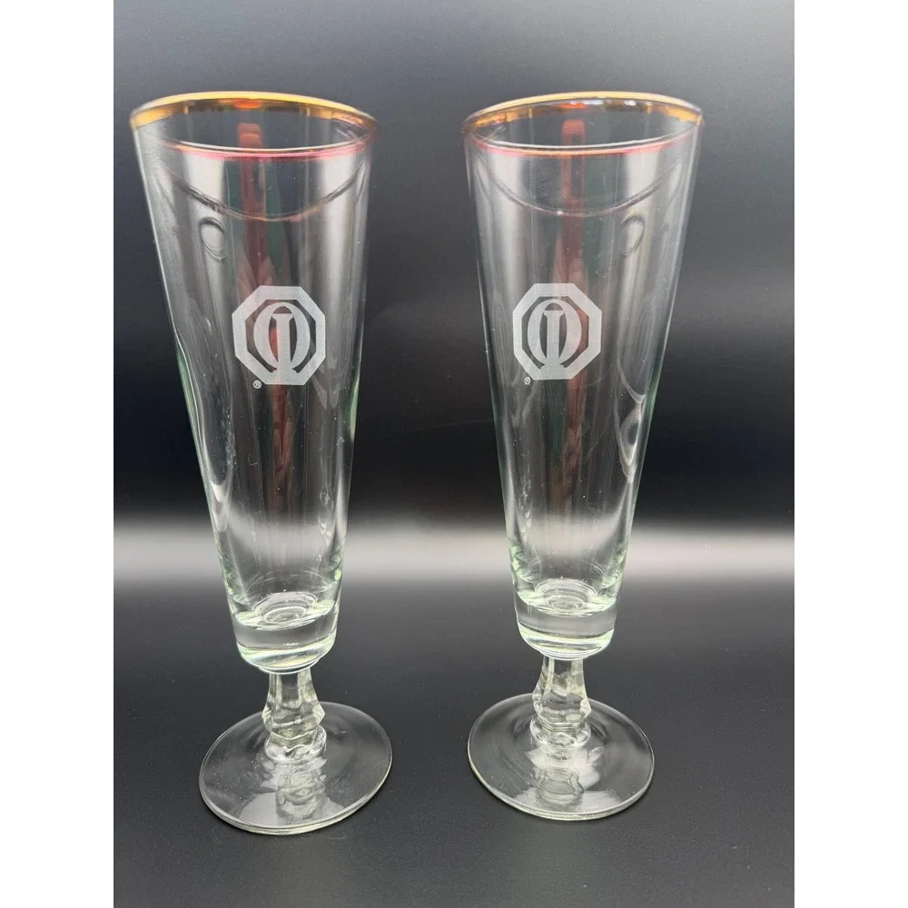 Vintage Set of 2‎ Etched Logo Pilsner Glasses w Gold Rim Footed Beer Glass T015